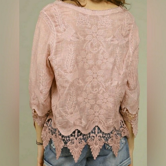 Boho Lace Up Embroidered Cotton Crochet Lace Top - Picture 4 of 7